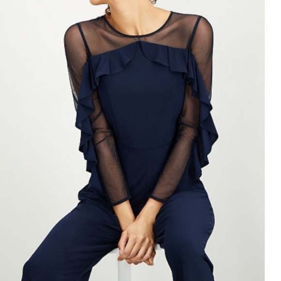 R&M Richards NWT Wide Leg Jumpsuit Ruffle Illusion Mesh Navy Plus Size Petite - Picture 10 of 15